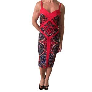 Bebe Red Print Bodycon Mid Dress Size XXSP